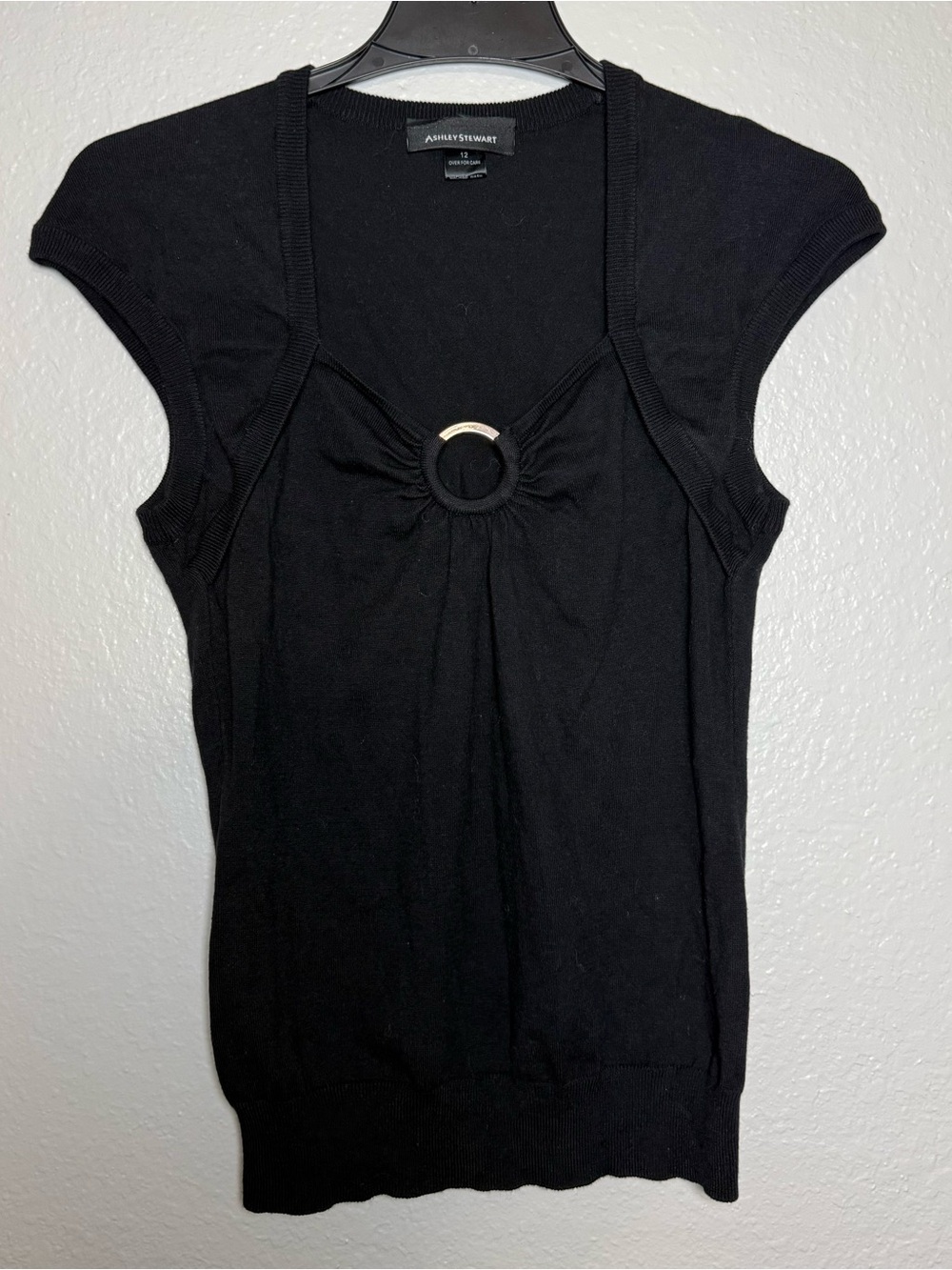 Ashley Stewart Black Cap-Sleeve Tank with Front‎ Ring Detail size 12